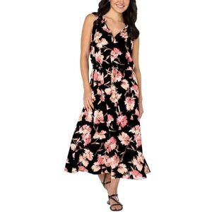 Well Worn Womens Size XL Black Floral Sleeveless Pullover Linen Blend Dress